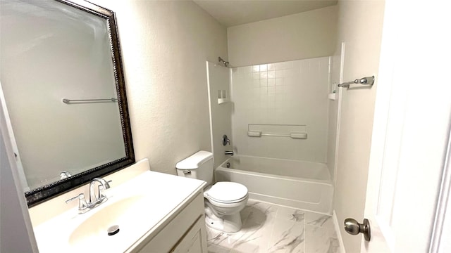 full bath featuring shower / washtub combination, marble finish floor, toilet, and vanity