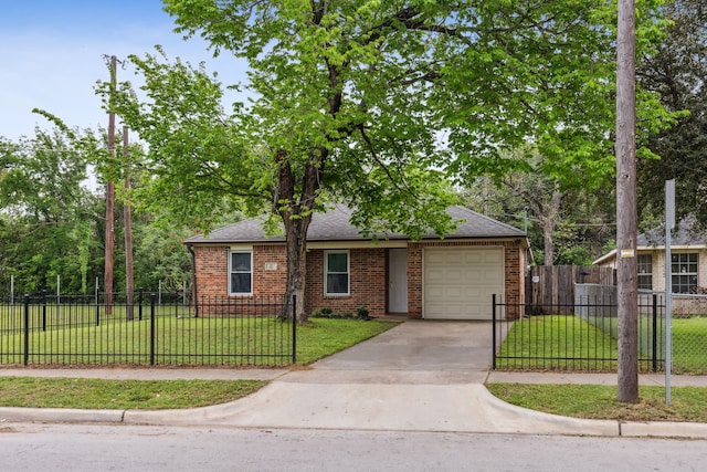 view of front of home featuring brick siding, a fenced front yard, and a front yard