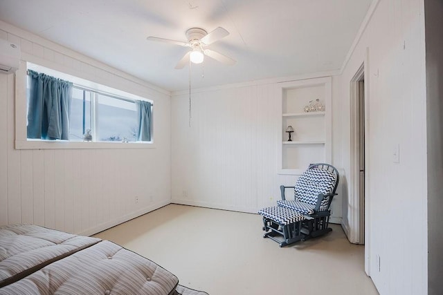 bedroom featuring finished concrete flooring and ceiling fan