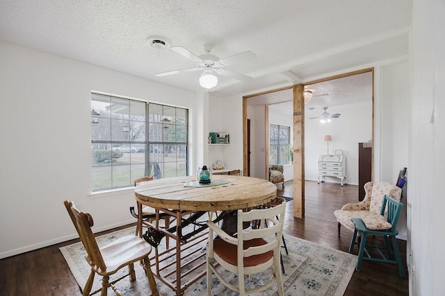 dining space with ceiling fan, wood finished floors, and a textured ceiling