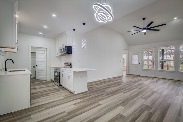 kitchen featuring open floor plan, appliances with stainless steel finishes, light wood finished floors, and a sink