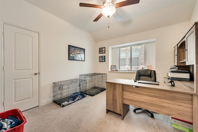 215 Tallgrass Dr, Lavon, TX 75166 - home office featuring carpet flooring, a ceiling fan, and lofted ceiling