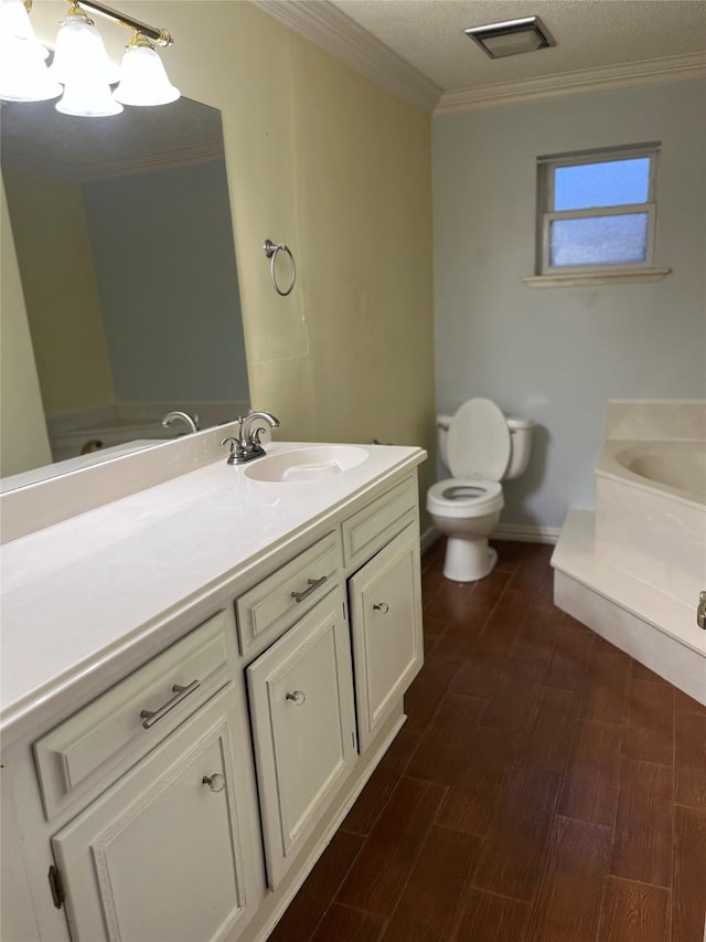 full bath with visible vents, toilet, ornamental molding, vanity, and wood finished floors