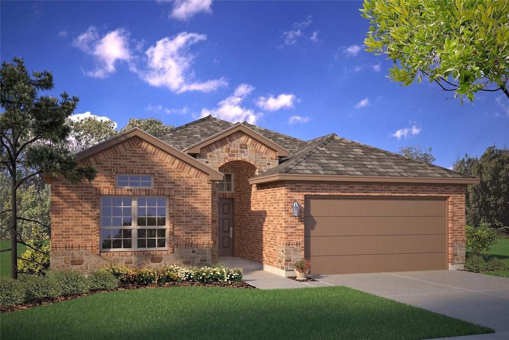 view of front of property featuring a garage, concrete driveway, brick siding, and stone siding