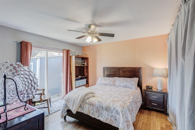 bedroom featuring a ceiling fan and light wood-type flooring