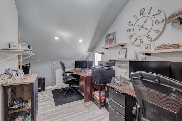 home office with lofted ceiling, wood finished floors, and recessed lighting