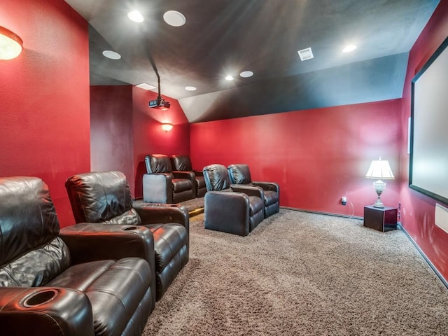 cinema featuring carpet floors, recessed lighting, and vaulted ceiling