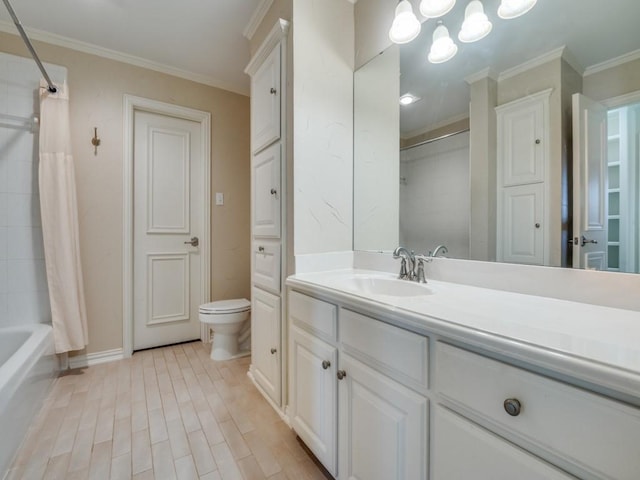 bathroom with toilet, wood finished floors, vanity, shower / tub combo with curtain, and crown molding