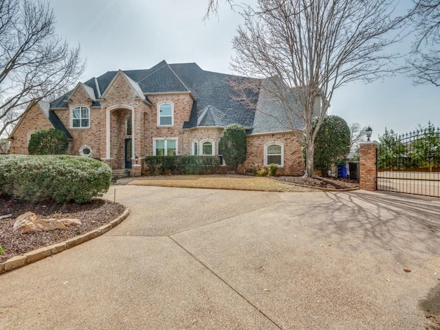 traditional home featuring a shingled roof, a gate, and brick siding