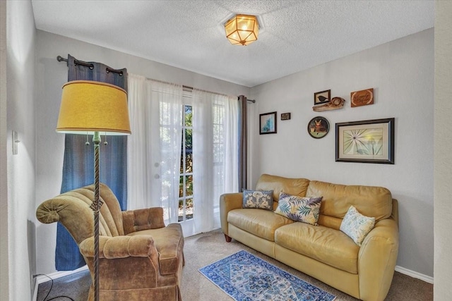 living room featuring a textured ceiling, carpet, and baseboards