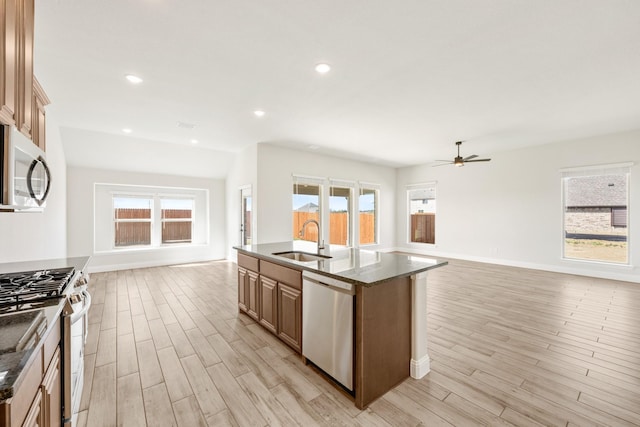 207 Cortese Ln, Alvarado, TX 76009 - kitchen featuring open floor plan, light wood finished floors, a sink, and stainless steel appliances