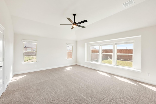 207 Cortese Ln, Alvarado, TX 76009 - carpeted empty room with a ceiling fan, baseboards, lofted ceiling, and visible vents