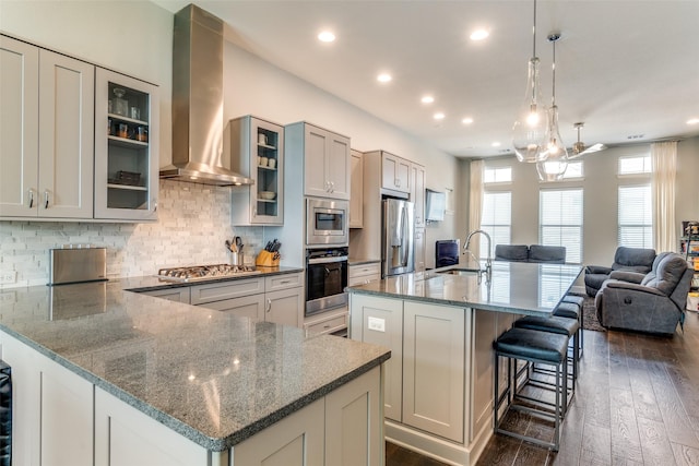 kitchen featuring dark wood-style floors, backsplash, appliances with stainless steel finishes, a sink, and ventilation hood