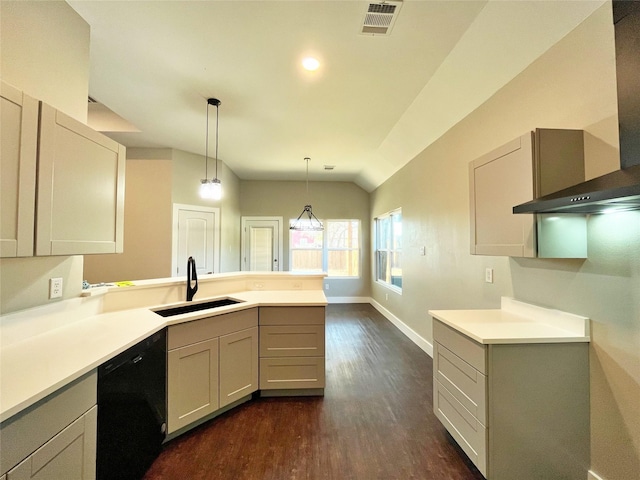 kitchen with black dishwasher, visible vents, wall chimney exhaust hood, a peninsula, and a sink