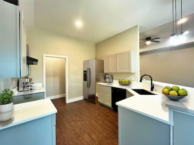 kitchen with black dishwasher, stainless steel fridge with ice dispenser, ventilation hood, light countertops, and a sink