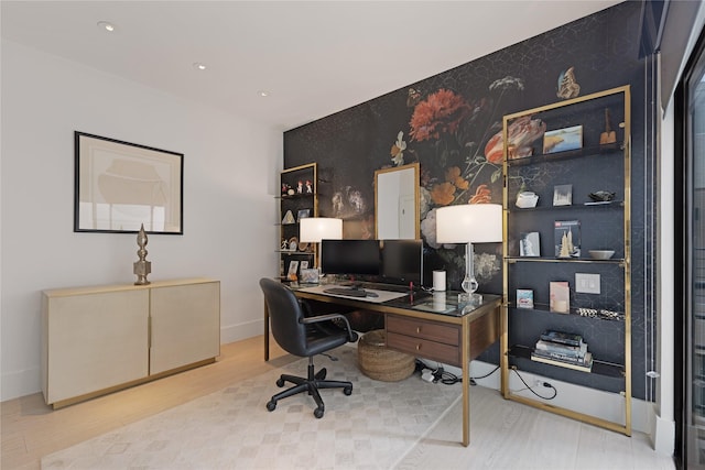 office space with baseboards, wood finished floors, and recessed lighting