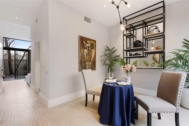 dining room featuring baseboards, visible vents, wood finished floors, and recessed lighting