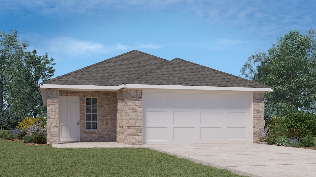 ranch-style house with an attached garage, concrete driveway, a shingled roof, and a front yard