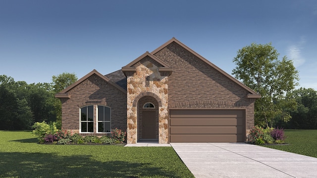 view of front of property featuring an attached garage, stone siding, brick siding, and a front yard