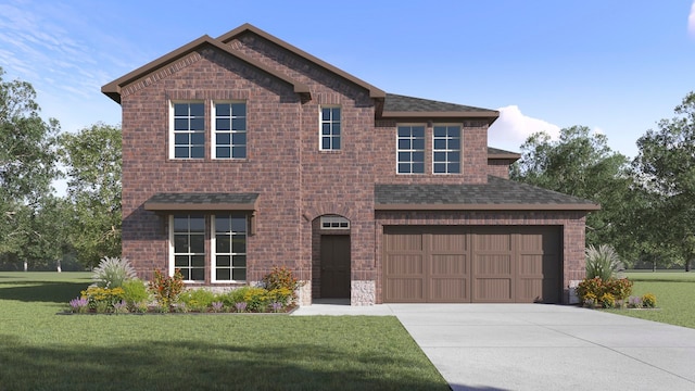 view of front facade with an attached garage, brick siding, driveway, and a front yard