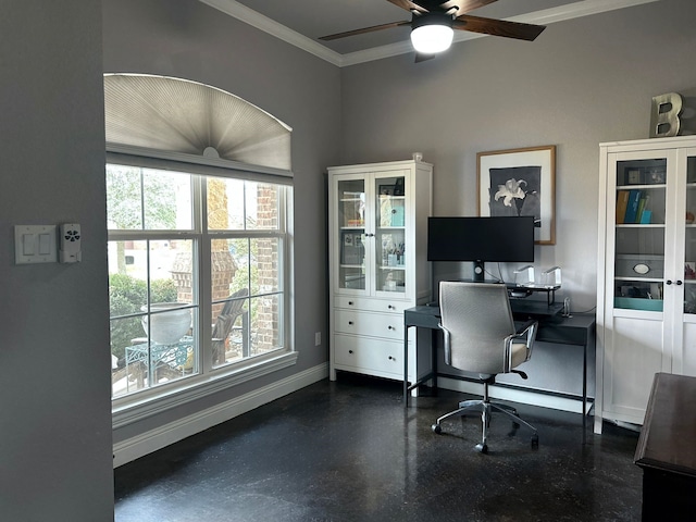 office area featuring ornamental molding, baseboards, and a ceiling fan