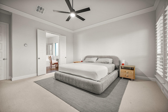 bedroom featuring ornamental molding, visible vents, and baseboards