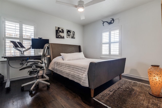 bedroom with wood finished floors, baseboards, and ceiling fan