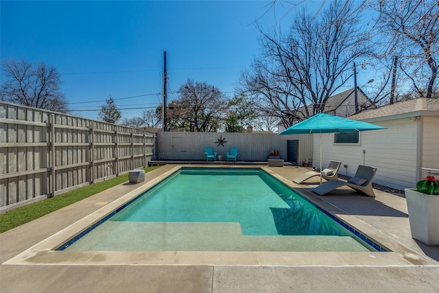 view of pool with a fenced in pool, a fenced backyard, and a patio area