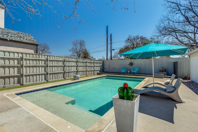 view of swimming pool with a patio area, a fenced in pool, and a fenced backyard