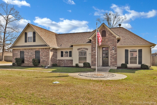 view of front of property featuring a front yard, brick siding, and roof with shingles