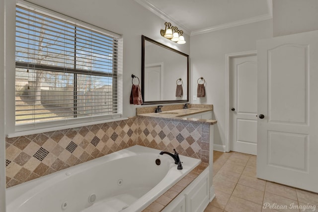 full bathroom featuring a jetted tub, ornamental molding, a wealth of natural light, and tile patterned floors