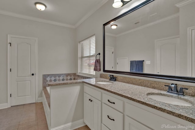 bathroom with crown molding, a sink, a bath, and tile patterned floors