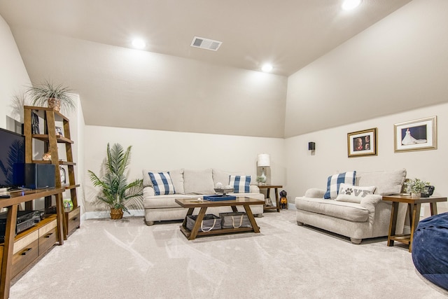 living room featuring lofted ceiling, carpet, visible vents, and recessed lighting