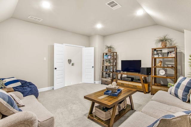 carpeted living room featuring lofted ceiling, baseboards, visible vents, and recessed lighting