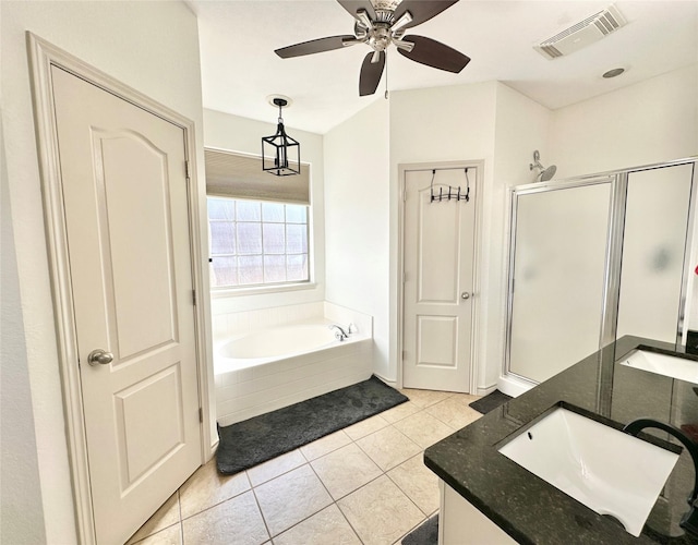 full bath with visible vents, tile patterned flooring, vanity, a shower stall, and a bath