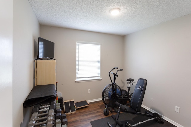 exercise room with a textured ceiling, baseboards, and wood finished floors