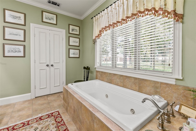 full bathroom with crown molding, tile patterned floors, visible vents, baseboards, and a tub with jets