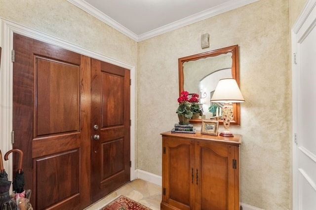 interior space with ornamental molding and baseboards