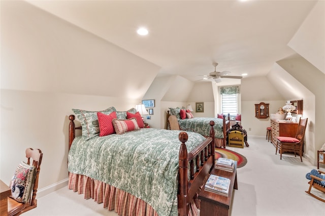 bedroom featuring lofted ceiling, carpet, baseboards, and a ceiling fan