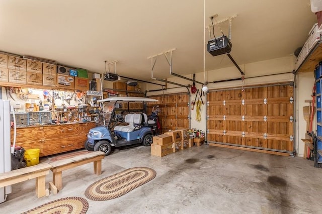 garage with a garage door opener and a workshop area