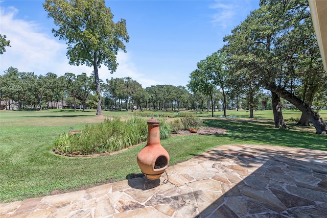 view of property's community featuring a patio area and a lawn