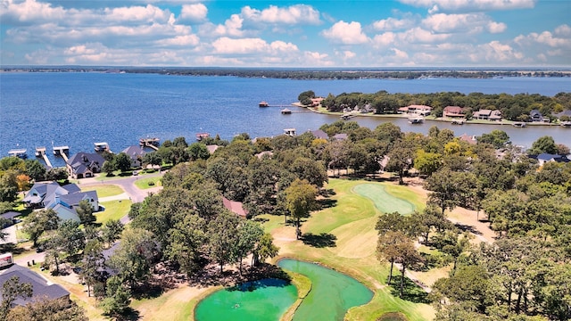 bird's eye view featuring a water view and golf course view