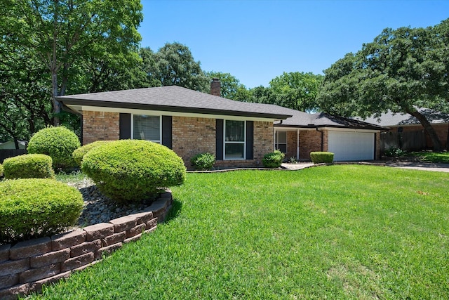 1803 Burr Oak St, Arlington, TX 76012 - ranch-style home featuring a chimney, driveway, an attached garage, brick siding, and roof with shingles