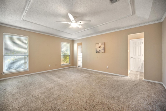 1803 Burr Oak St, Arlington, TX 76012 - empty room featuring a textured ceiling, a raised ceiling, ceiling fan, carpet floors, and baseboards