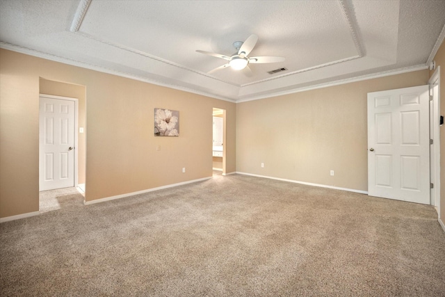 1803 Burr Oak St, Arlington, TX 76012 - carpeted empty room featuring a raised ceiling, ceiling fan, crown molding, a textured ceiling, and baseboards