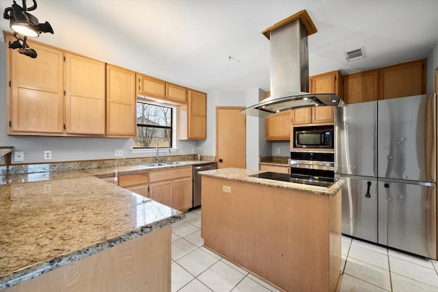 149 Lakeview Dr, Streetman, TX 75859 - kitchen featuring light tile patterned flooring, island exhaust hood, a kitchen island, appliances with stainless steel finishes, and a sink