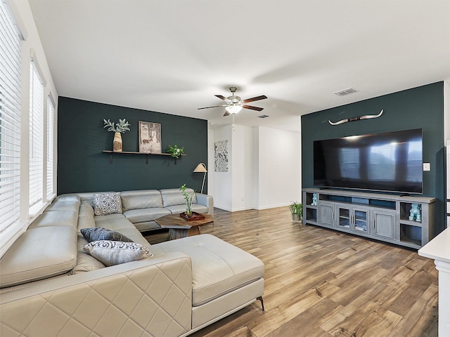 living area with an accent wall, wood finished floors, visible vents, baseboards, and a ceiling fan