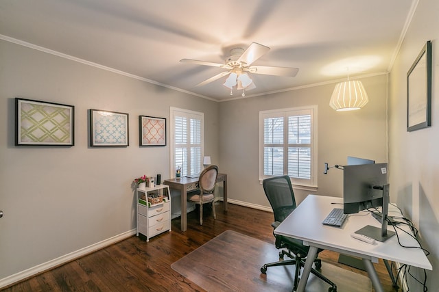 office with baseboards, ceiling fan, wood finished floors, and crown molding