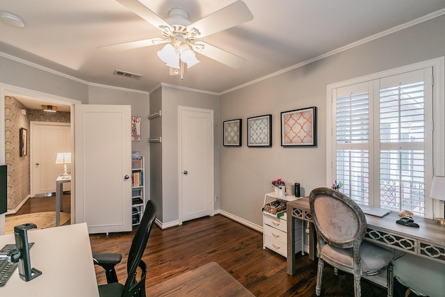 office area featuring ornamental molding, dark wood-style flooring, visible vents, and baseboards