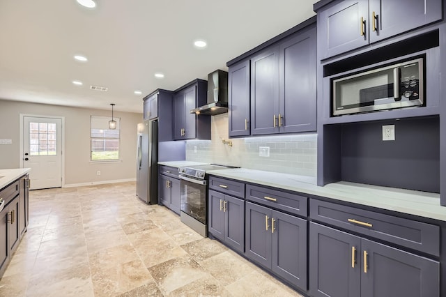 kitchen with tasteful backsplash, recessed lighting, visible vents, appliances with stainless steel finishes, and wall chimney range hood